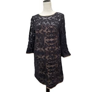 4C 4 Collective Black Dress Size 12 Illusion Lace Shift 3/4 Sleeves Keyhole Back